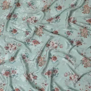 Aqua Mist Floral Synthetic Crepe Fabric, 110cm Width - Exquisite Print from India-D17932