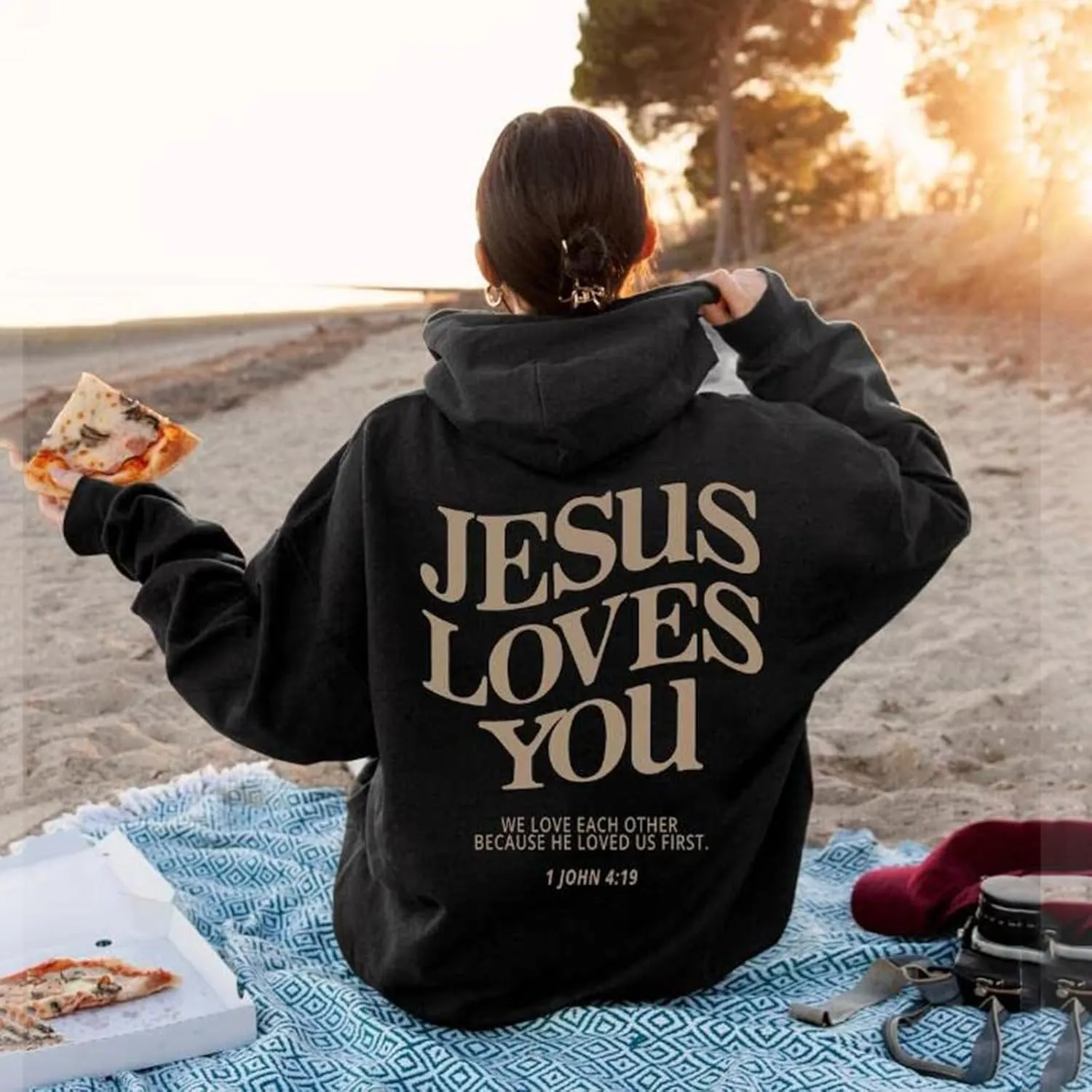 Bible Verse Oversized Hoodies for Women Jesus Loves You Back Letter Print Drop Shoulder Pullover Tops with Pocket Fall Trendy