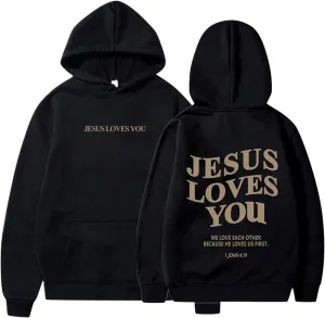 Bible Verse Oversized Hoodies for Women Jesus Loves You Back Letter Print Drop Shoulder Pullover Tops with Pocket Fall Trendy