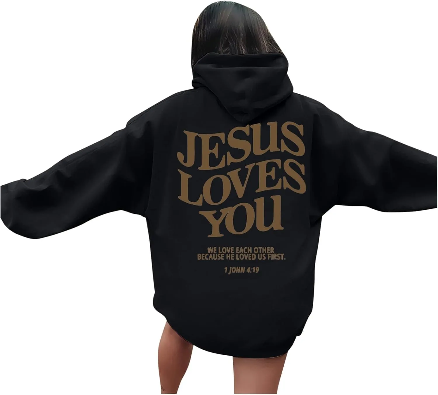 Bible Verse Oversized Hoodies for Women Jesus Loves You Back Letter Print Drop Shoulder Pullover Tops with Pocket Fall Trendy