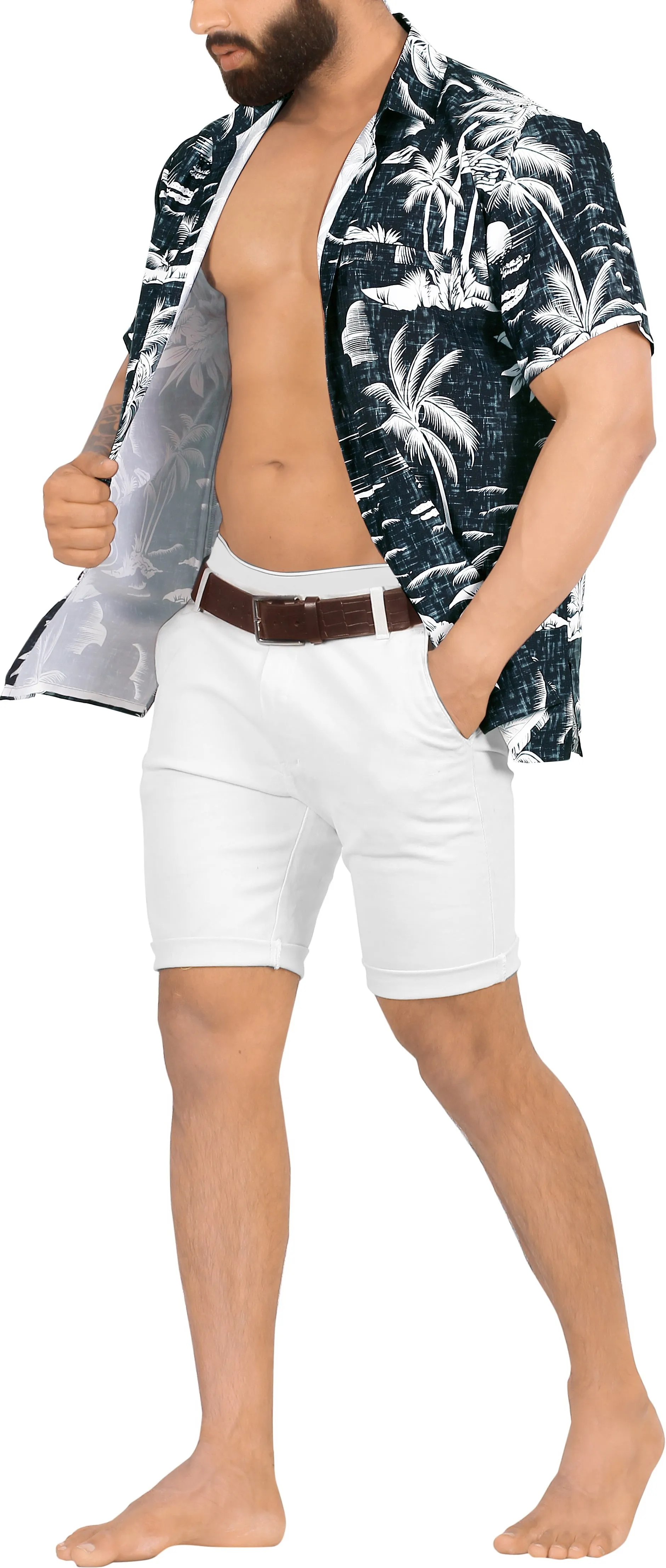 Black Tropical Beach and Island View Printed Hawaiian Beach Shirts For Men