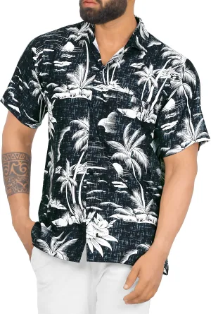 Black Tropical Beach and Island View Printed Hawaiian Beach Shirts For Men
