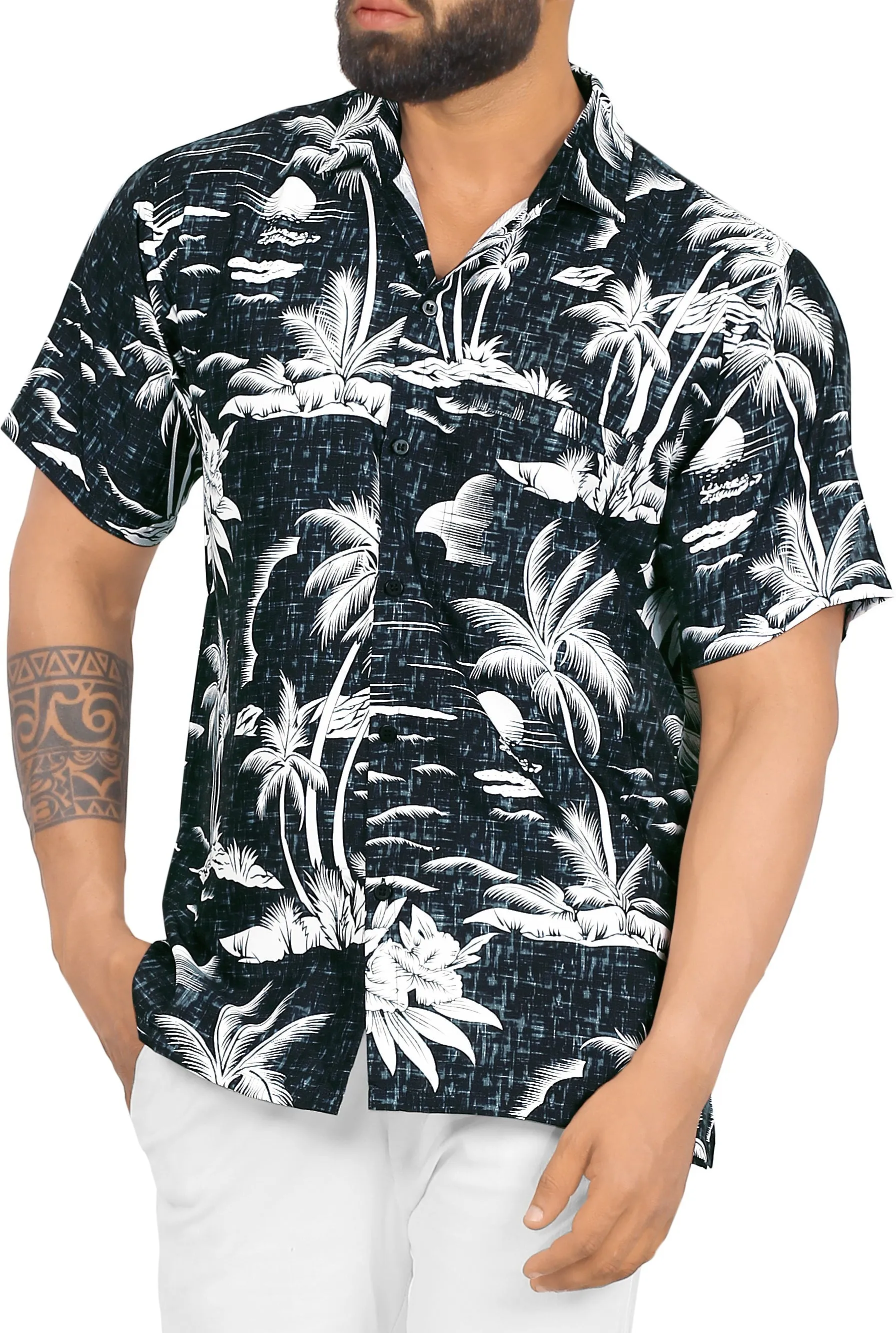 Black Tropical Beach and Island View Printed Hawaiian Beach Shirts For Men