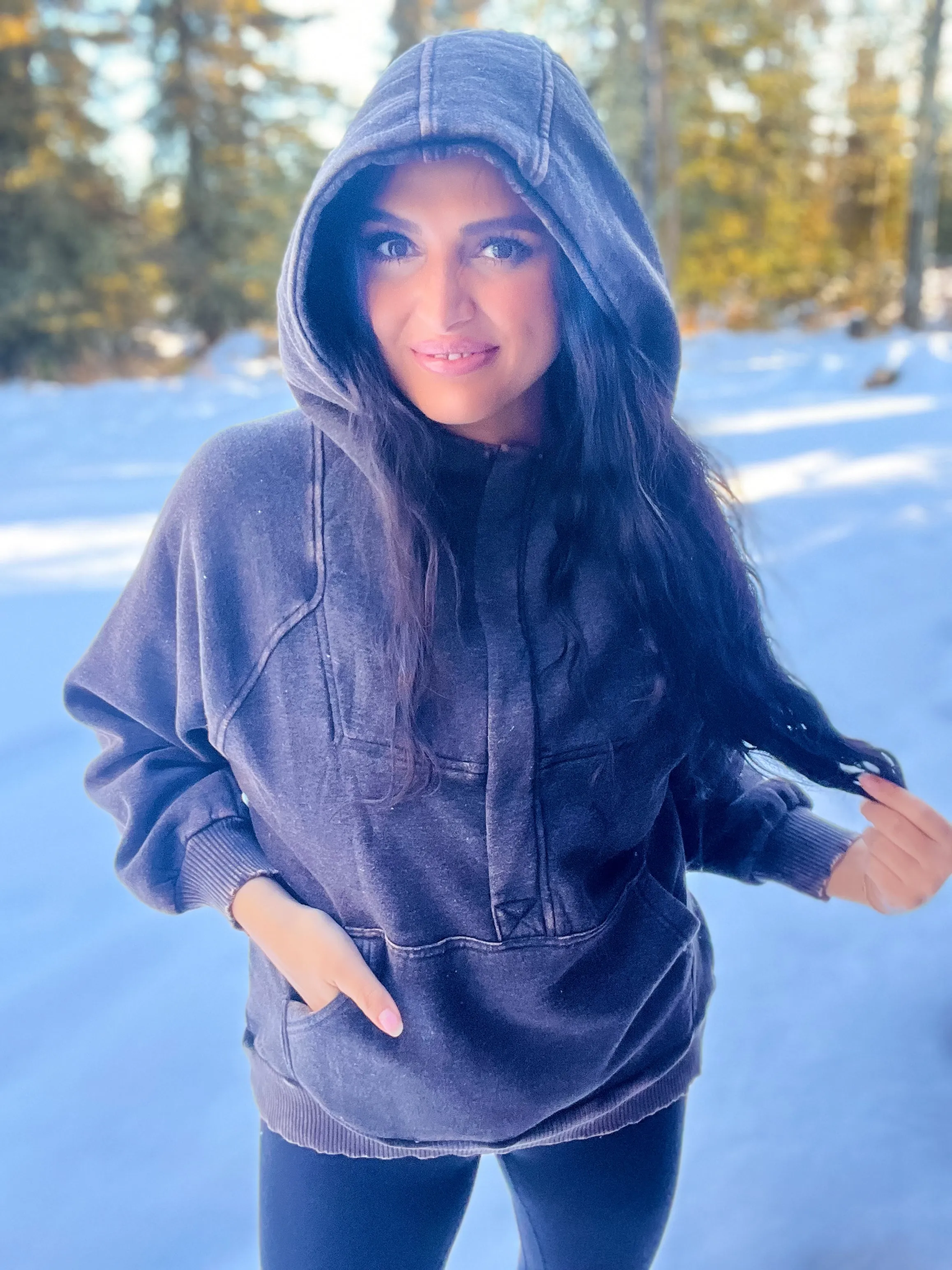 Casual Charm Oversized Kangaroo Hoodie- Ash BLK