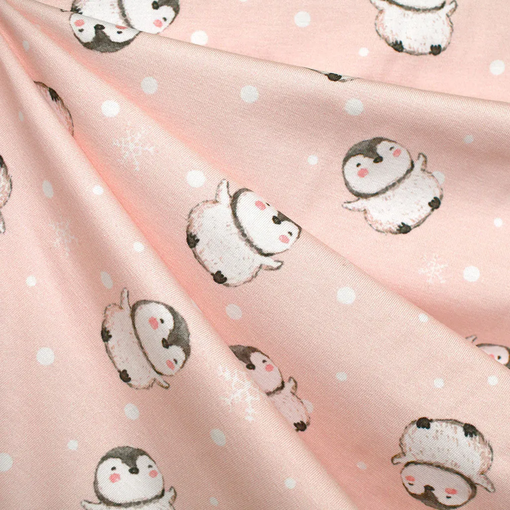 Cheerful Penguins Cotton Jersey Knit Pink
