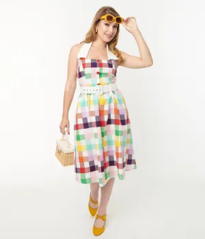 Collectif Rainbow Checkered Halter Waverly Swing Dress