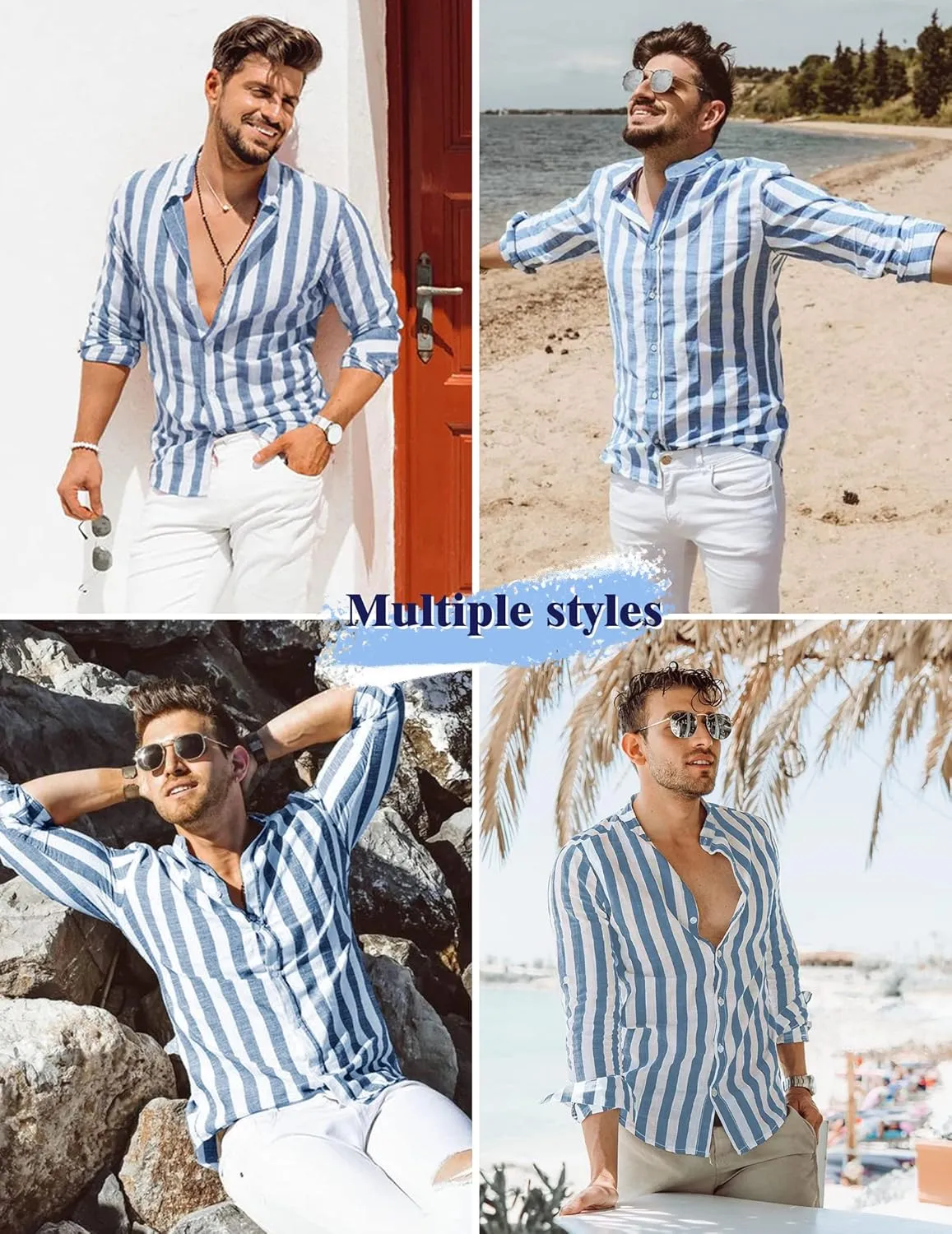 COOFANDY Men's Casual Cotton Linen Button Down Shirts Band Collar Long Sleeve Shirt Beach Summer Shirt with Pocket