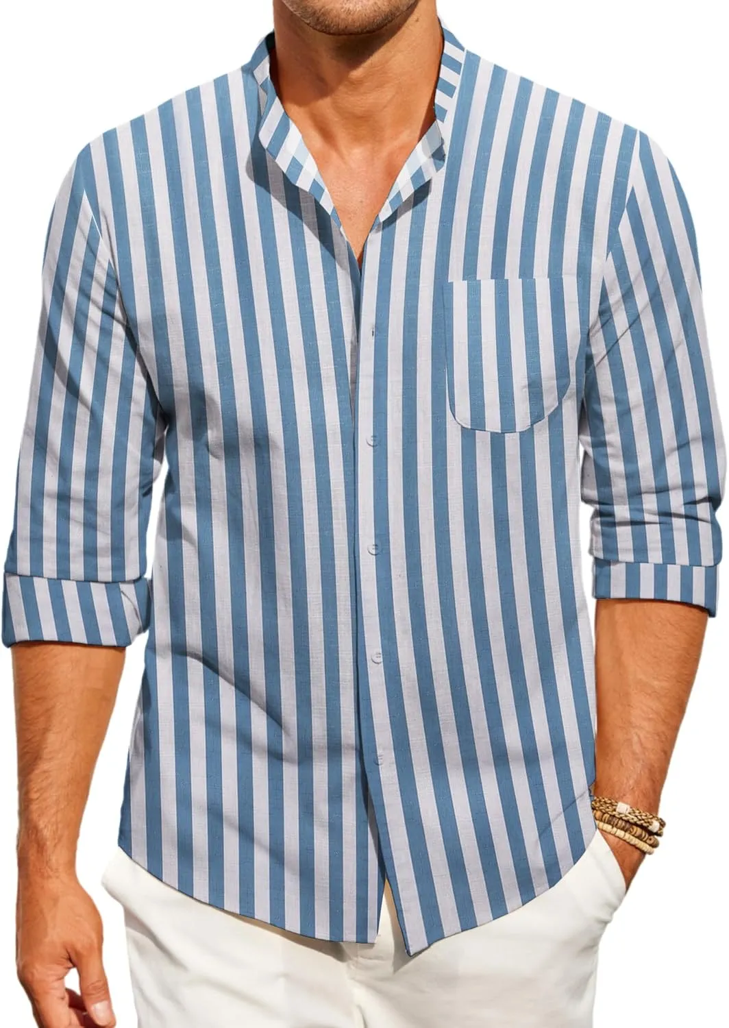 COOFANDY Men's Casual Cotton Linen Button Down Shirts Band Collar Long Sleeve Shirt Beach Summer Shirt with Pocket