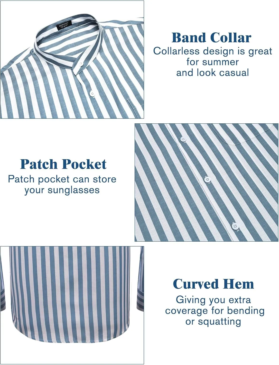 COOFANDY Men's Casual Cotton Linen Button Down Shirts Band Collar Long Sleeve Shirt Beach Summer Shirt with Pocket