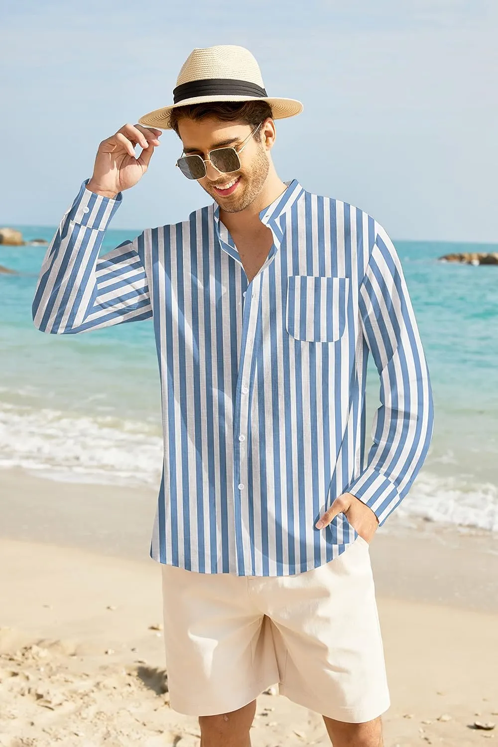 COOFANDY Men's Casual Cotton Linen Button Down Shirts Band Collar Long Sleeve Shirt Beach Summer Shirt with Pocket