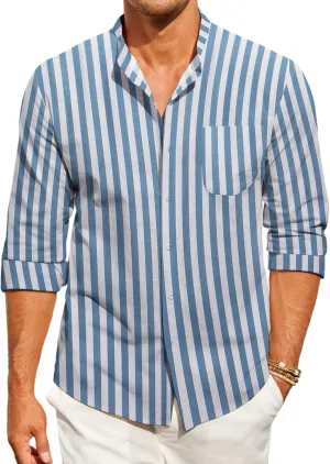 COOFANDY Men's Casual Cotton Linen Button Down Shirts Band Collar Long Sleeve Shirt Beach Summer Shirt with Pocket