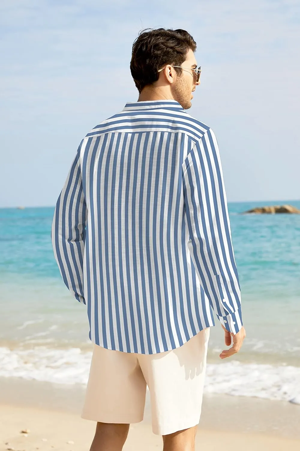 COOFANDY Men's Casual Cotton Linen Button Down Shirts Band Collar Long Sleeve Shirt Beach Summer Shirt with Pocket