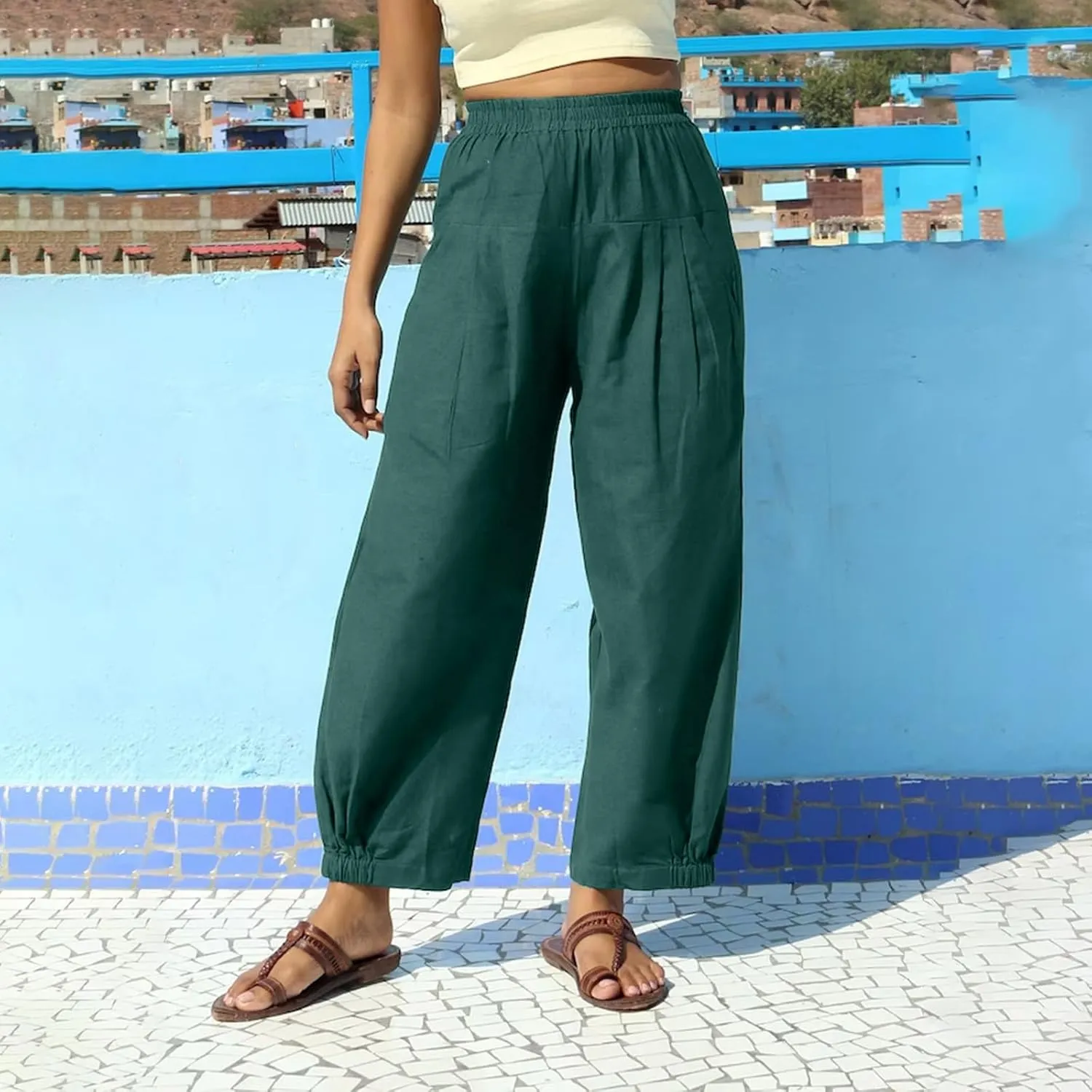 Cotton Linen Pants Women Wide Leg Stretch High Waisted Pleated Loose Casual Summer Trousers with Pockets