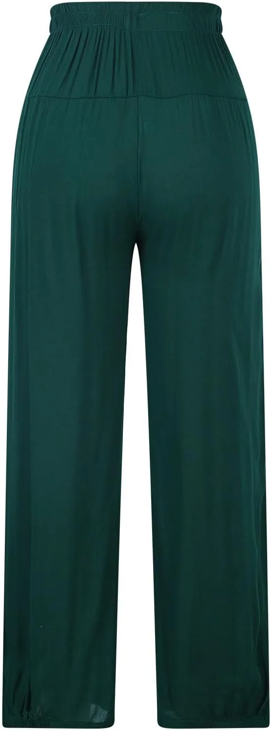 Cotton Linen Pants Women Wide Leg Stretch High Waisted Pleated Loose Casual Summer Trousers with Pockets