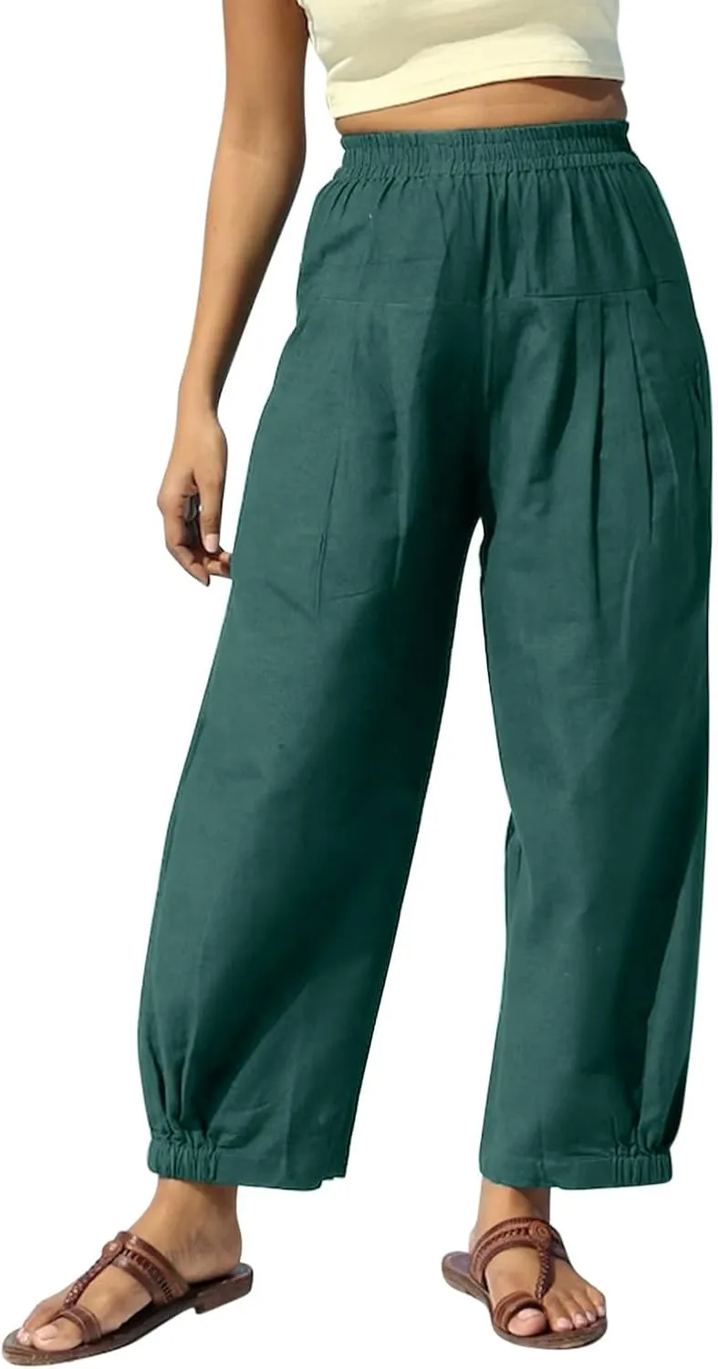 Cotton Linen Pants Women Wide Leg Stretch High Waisted Pleated Loose Casual Summer Trousers with Pockets