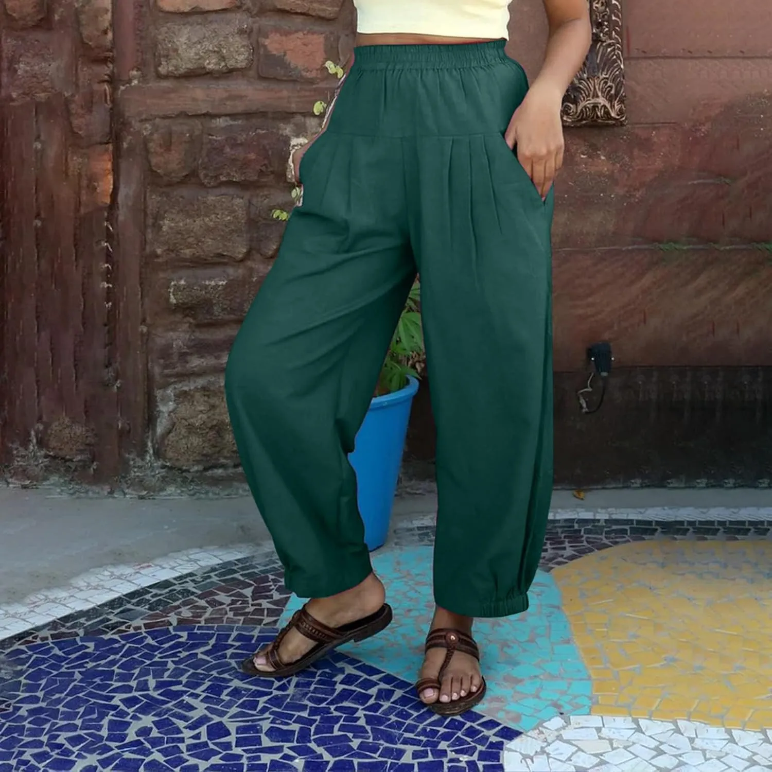 Cotton Linen Pants Women Wide Leg Stretch High Waisted Pleated Loose Casual Summer Trousers with Pockets