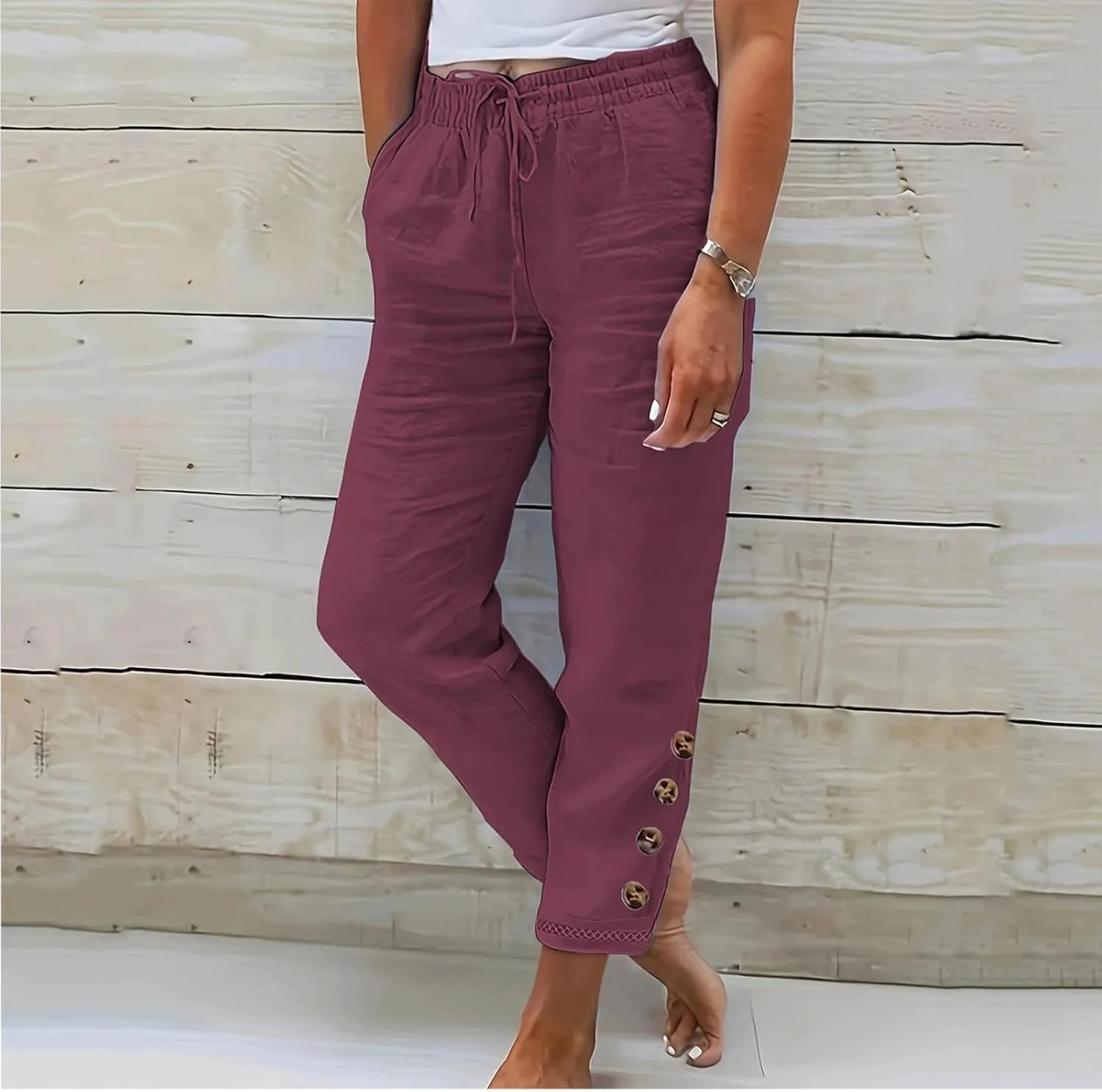 Cotton Linen Straight Leg Pants for Women Casual Drawstring Elastic Waist Trousers with Pockets Summer Lounge Pant