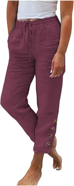Cotton Linen Straight Leg Pants for Women Casual Drawstring Elastic Waist Trousers with Pockets Summer Lounge Pant