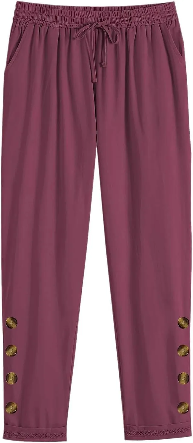 Cotton Linen Straight Leg Pants for Women Casual Drawstring Elastic Waist Trousers with Pockets Summer Lounge Pant