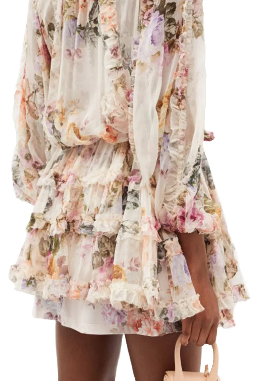 Cream Brighton Ruffled Floral-print Silk-voile Mini Dress