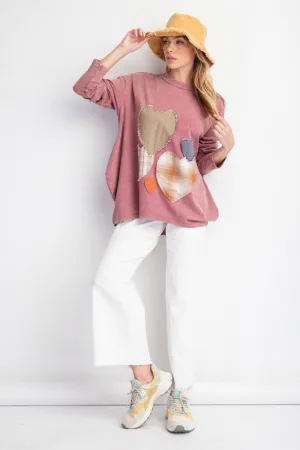 Easel Heart Patch Mineral Washed Knit Top In Mauve
