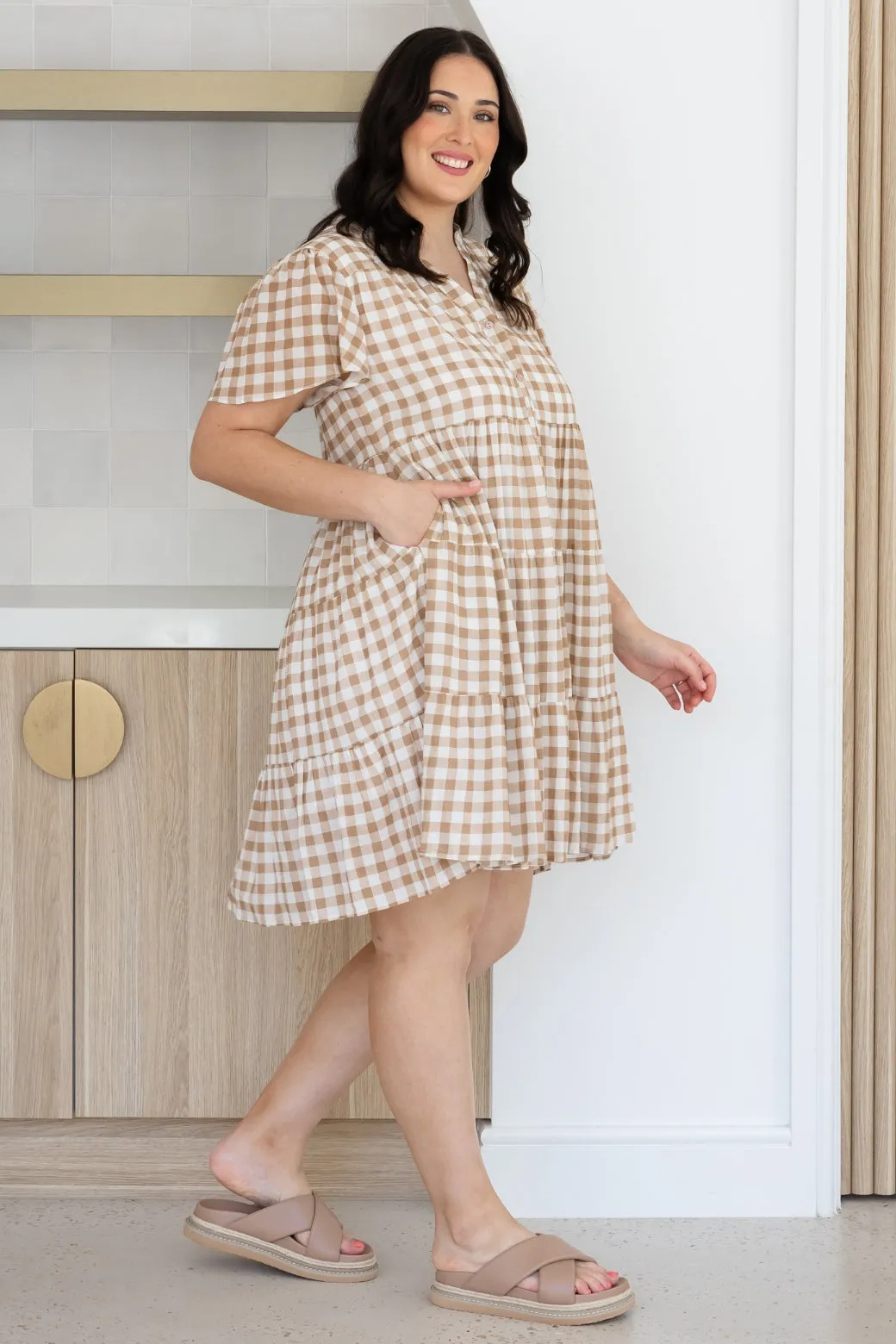 Ebony Dress Gingham Print Latte