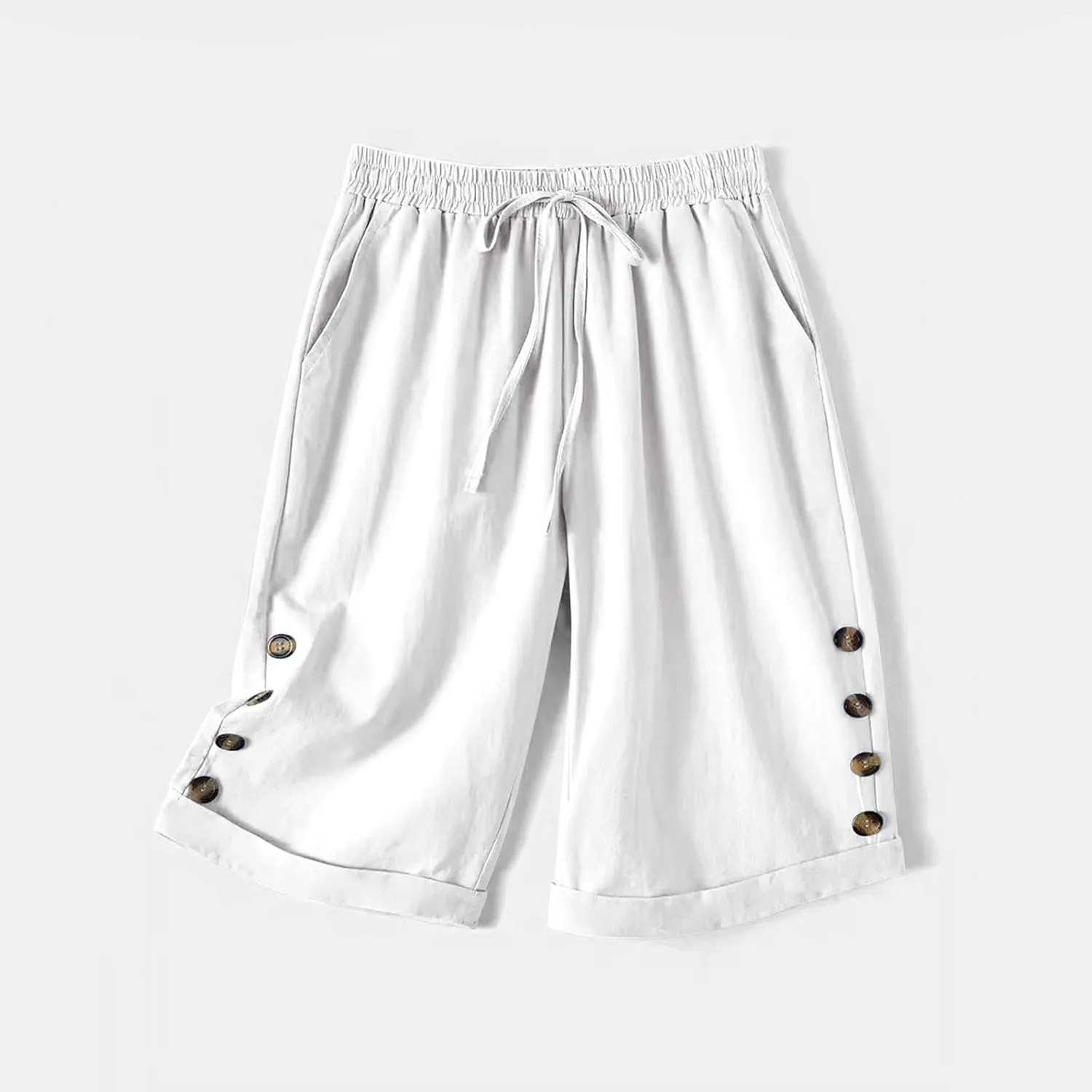 Elastic Waist Linen Shorts Women Knee Length Shorts Button Side Shorts High Waisted Bermuda Shorts with Pockets