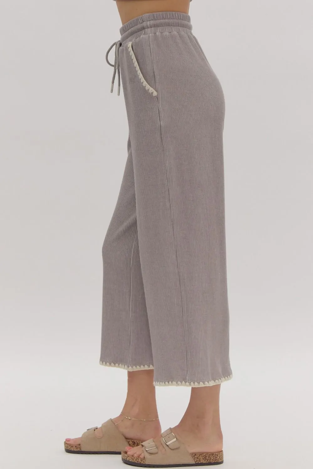 Entro Grey Soft Ribbed Wide Leg Crop Bottoms With Contrast Stitching