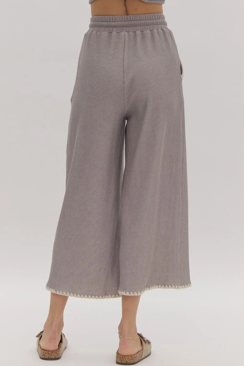 Entro Grey Soft Ribbed Wide Leg Crop Bottoms With Contrast Stitching