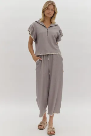 Entro Grey Soft Ribbed Wide Leg Crop Bottoms With Contrast Stitching
