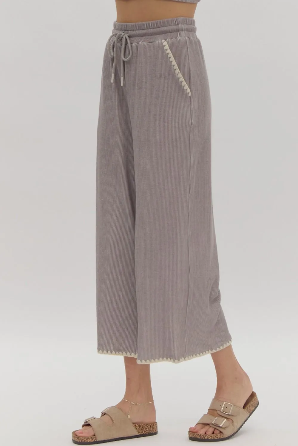 Entro Grey Soft Ribbed Wide Leg Crop Bottoms With Contrast Stitching