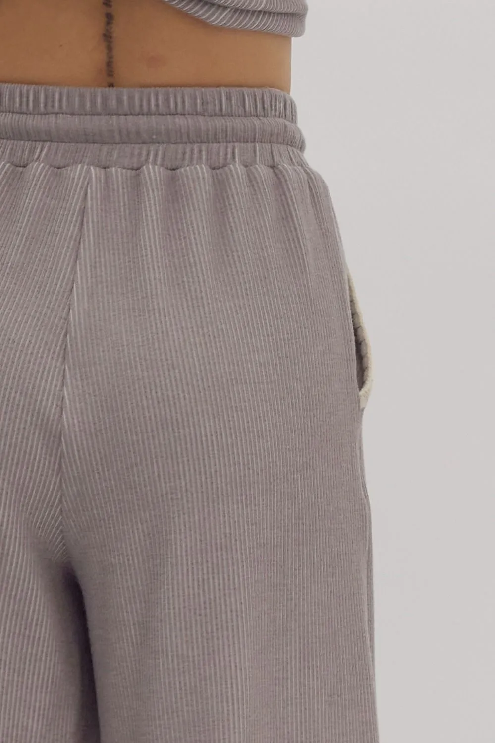 Entro Grey Soft Ribbed Wide Leg Crop Bottoms With Contrast Stitching