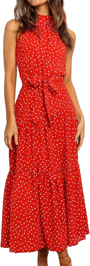 FLITAY Women's Summer Sleeveless Halter Dress Vintage Floral Print Long Dress Casual Resort Sun Dress