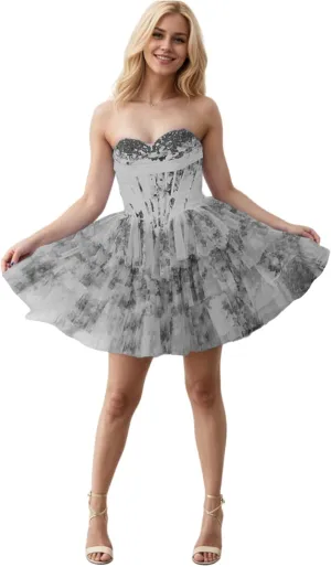 Floral Print Homecoming Dresses for Teens 2025 Strapless Corset Tiered HOCO Dress with Flower