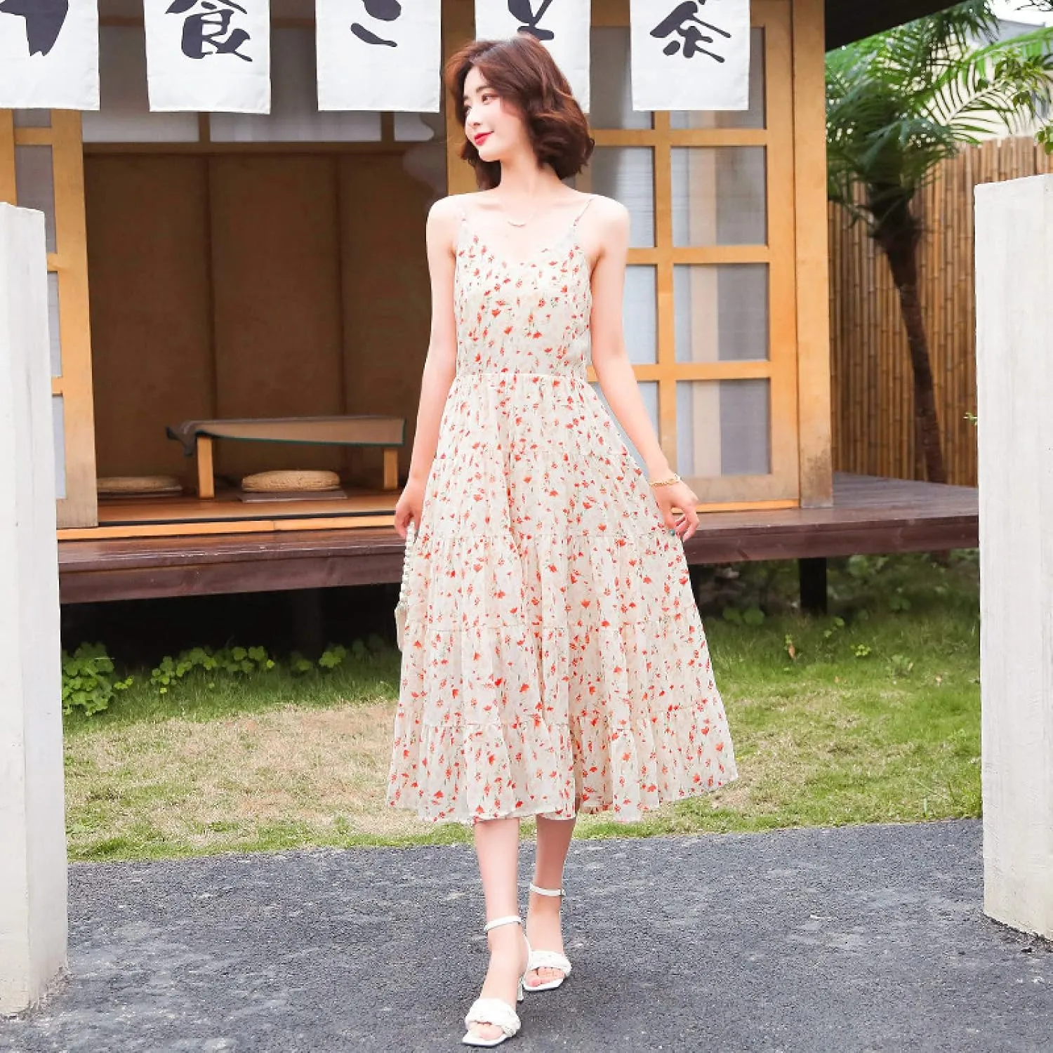 Floral Print Swing Mini Dress, Sling Floral, Ruffle Dress, Color, S,Beach Maxi Long Dress