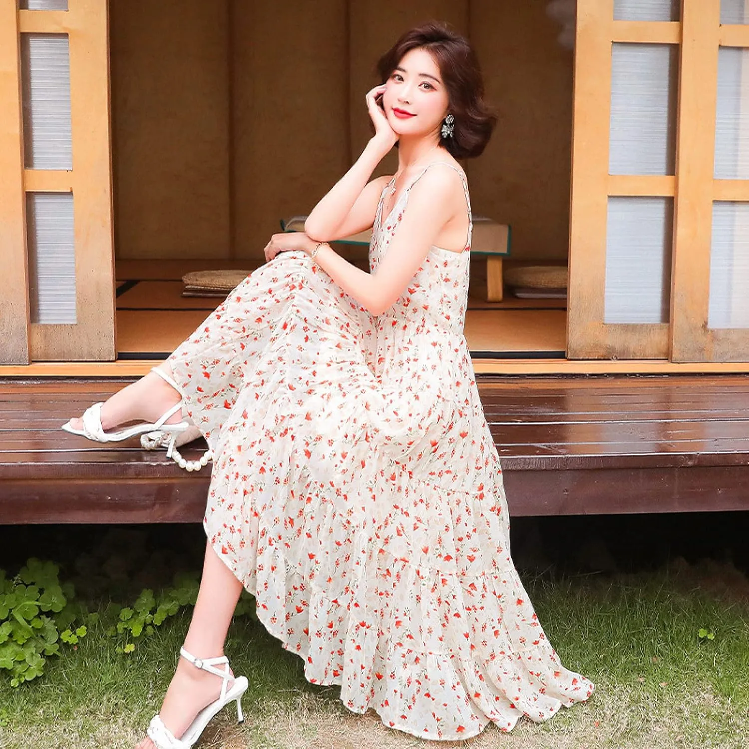 Floral Print Swing Mini Dress, Sling Floral, Ruffle Dress, Color, S,Beach Maxi Long Dress