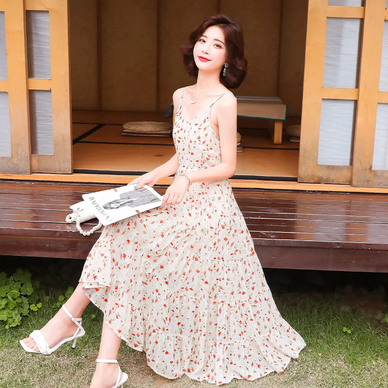 Floral Print Swing Mini Dress, Sling Floral, Ruffle Dress, Color, S,Beach Maxi Long Dress