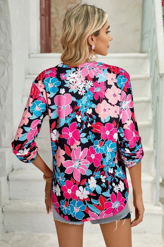 Floral V Neck Tab Long Sleeve Blouse