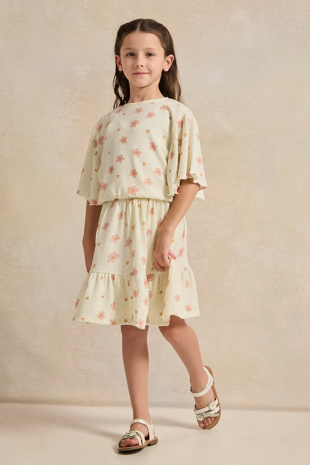 Girls Cream Flower Allover Print Blouse