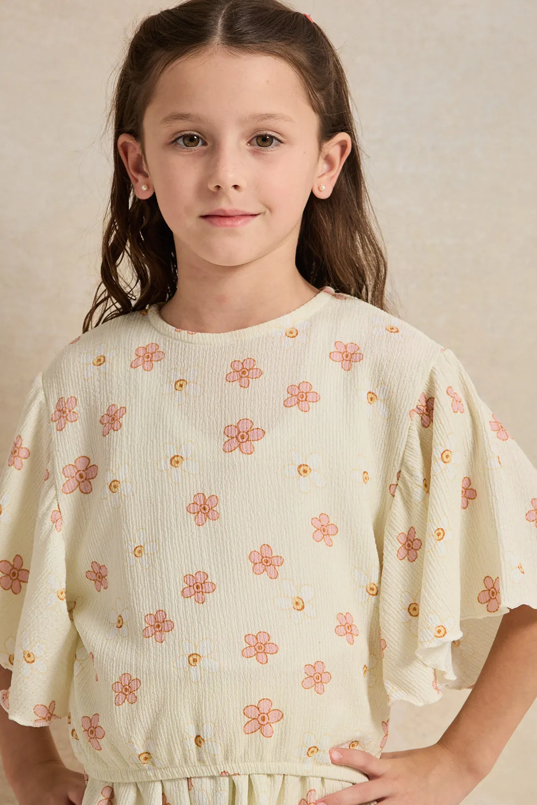 Girls Cream Flower Allover Print Blouse