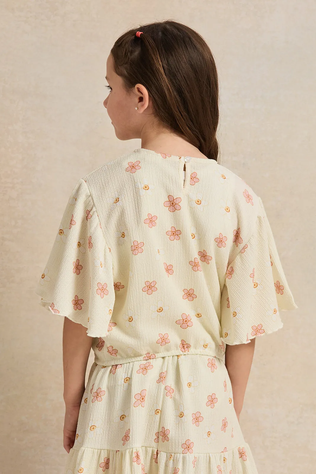 Girls Cream Flower Allover Print Blouse