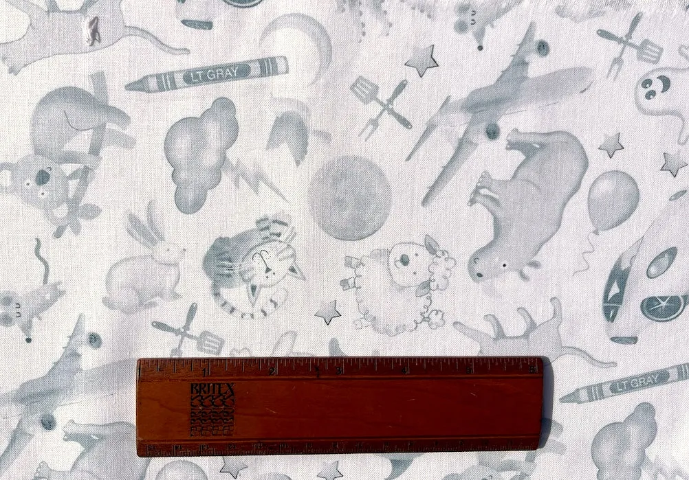 Grey I Spy Creatures & Stuff on White Quilting Cotton