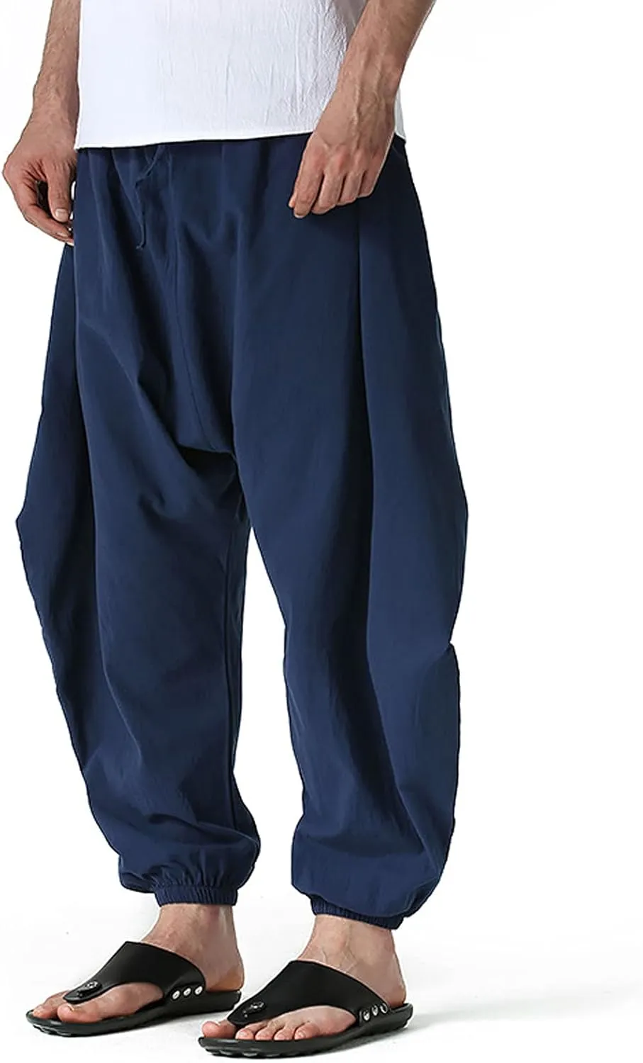 GTHTTT Men's Loose Stretchy Waist Casual Ankle Length Relaxed Fit Pants Wide Leg Trousers Drawstring Harem Yoga Baggy Pants