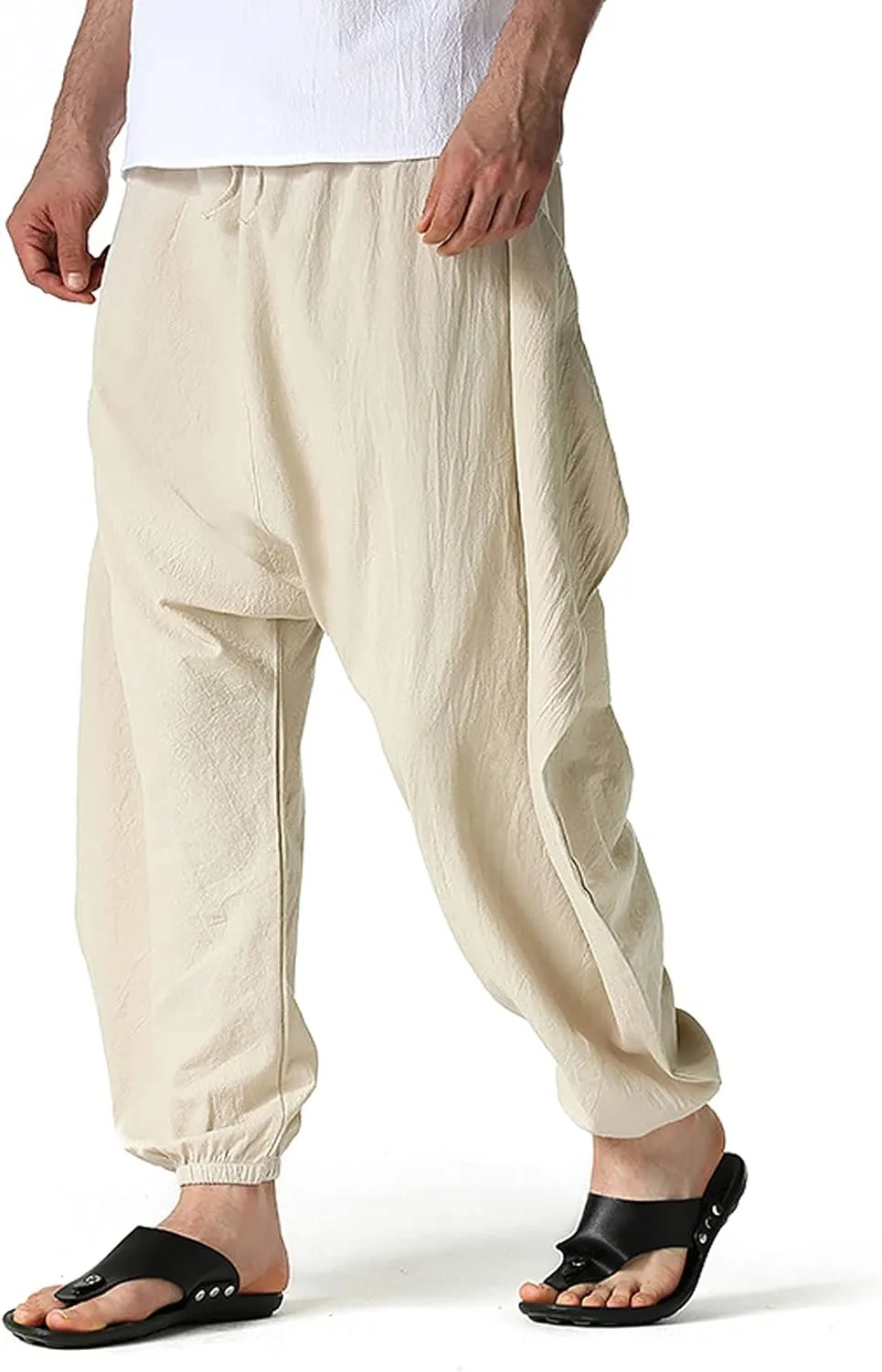 GTHTTT Men's Loose Stretchy Waist Casual Ankle Length Relaxed Fit Pants Wide Leg Trousers Drawstring Harem Yoga Baggy Pants
