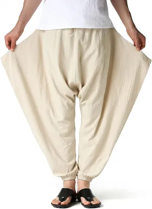 GTHTTT Men's Loose Stretchy Waist Casual Ankle Length Relaxed Fit Pants Wide Leg Trousers Drawstring Harem Yoga Baggy Pants