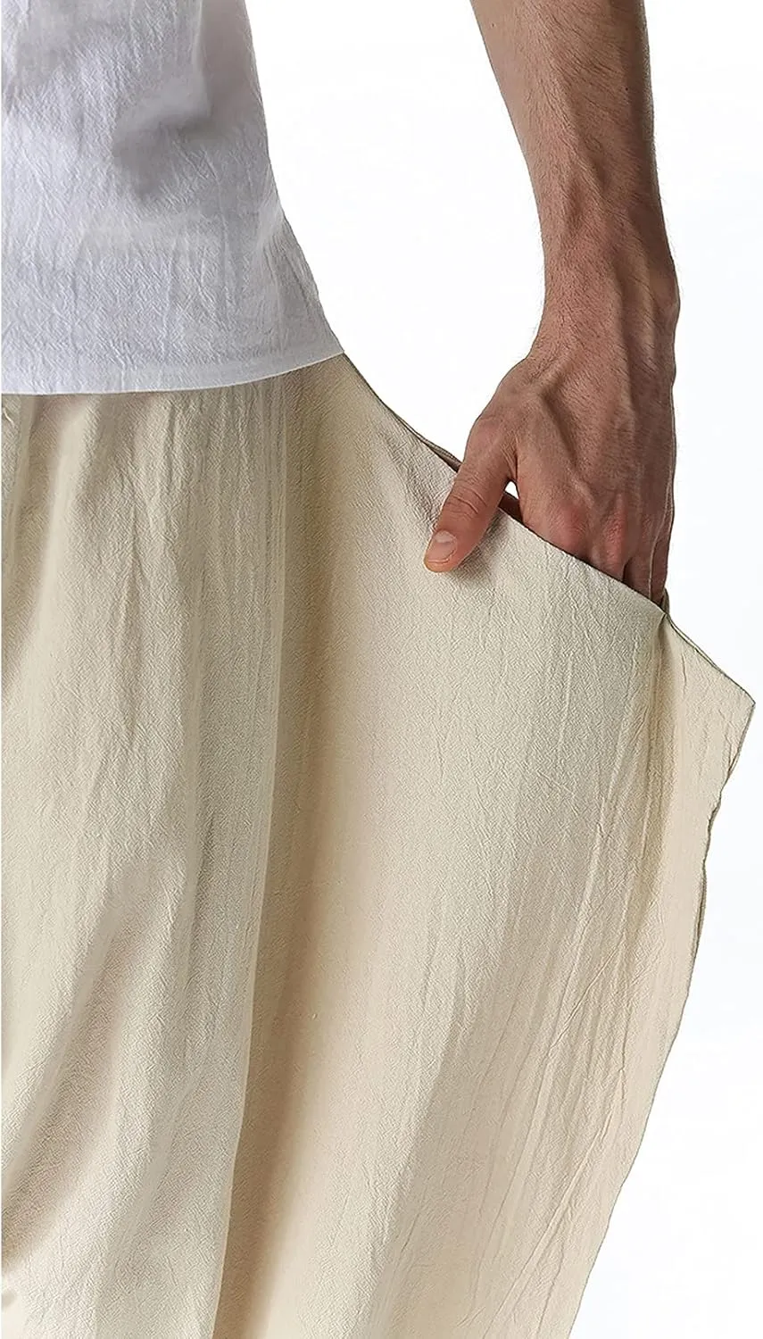 GTHTTT Men's Loose Stretchy Waist Casual Ankle Length Relaxed Fit Pants Wide Leg Trousers Drawstring Harem Yoga Baggy Pants