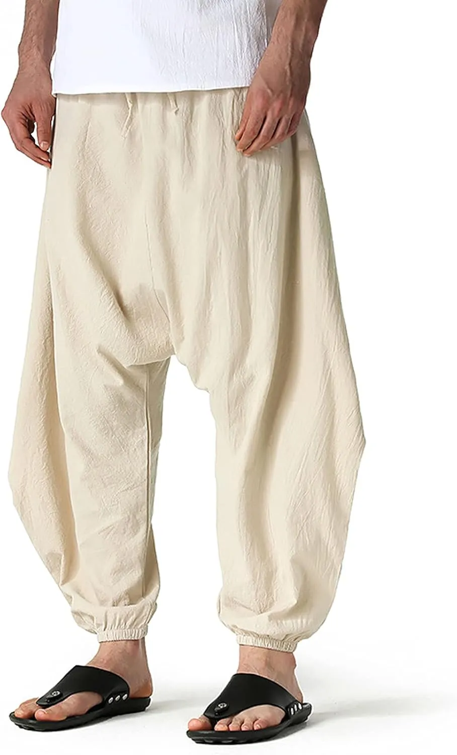 GTHTTT Men's Loose Stretchy Waist Casual Ankle Length Relaxed Fit Pants Wide Leg Trousers Drawstring Harem Yoga Baggy Pants
