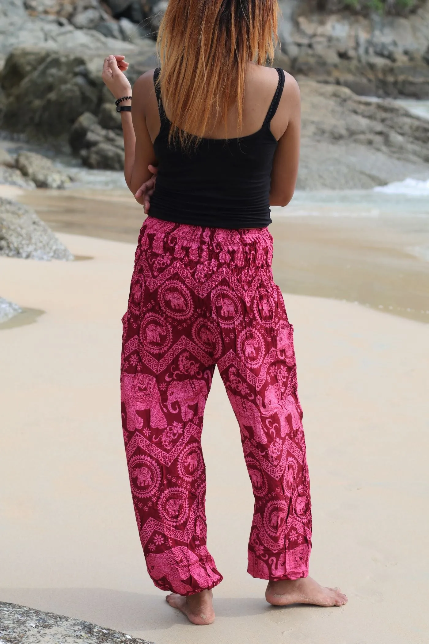Harem Pants Women Unisex Comfy Boho Baggy Yoga Pants Elephant Black