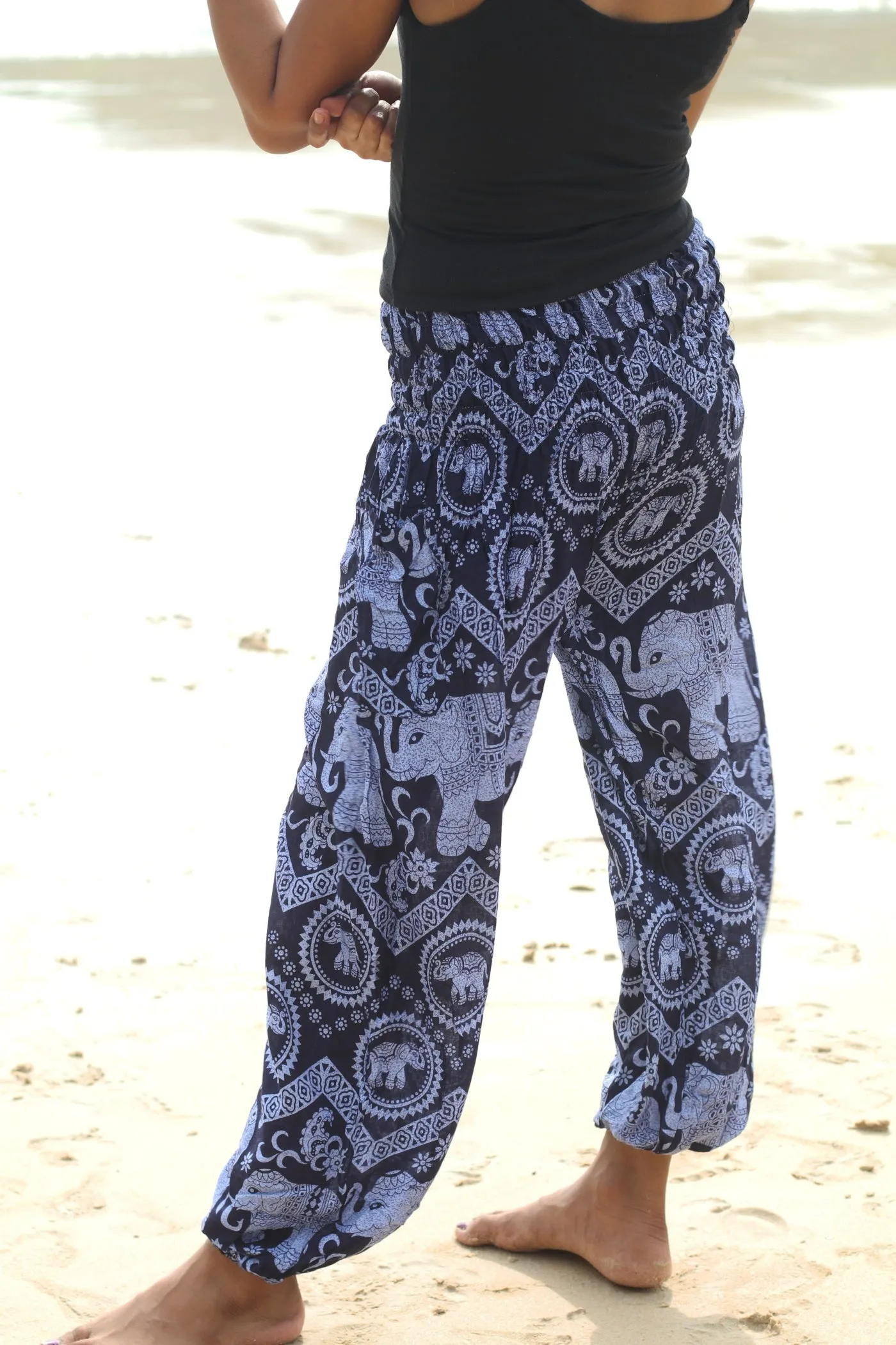 Harem Pants Women Unisex Comfy Boho Baggy Yoga Pants Elephant Black
