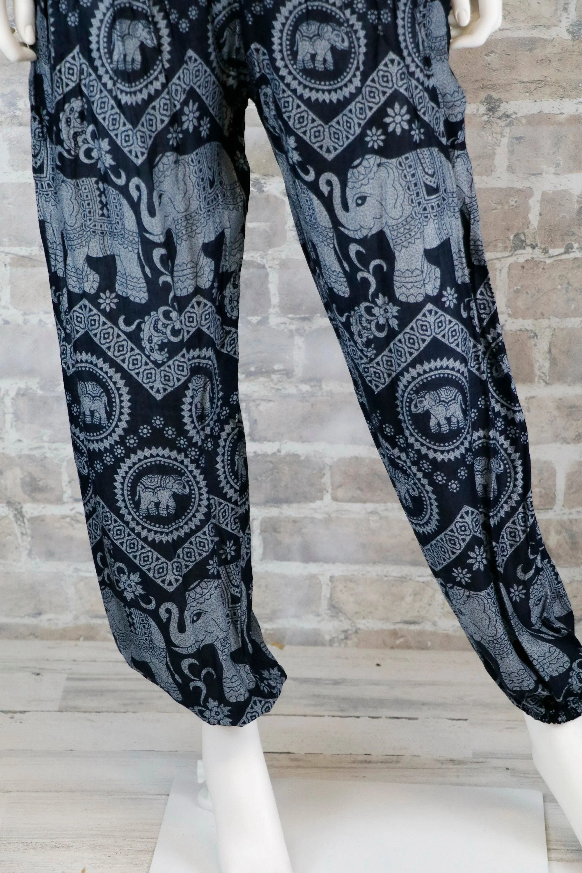 Harem Pants Women Unisex Comfy Boho Baggy Yoga Pants Elephant Black